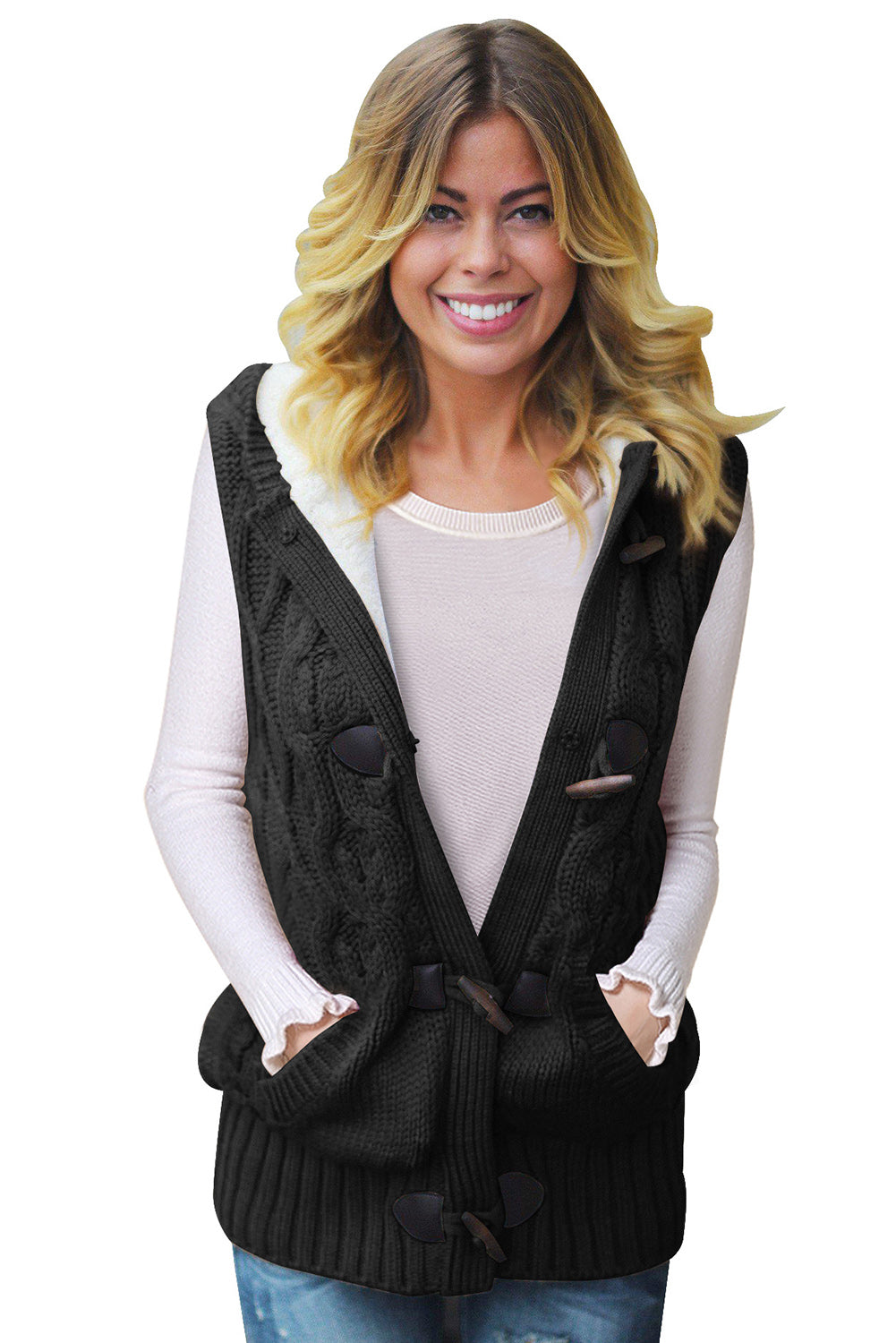 A cozy multicolour cable knit hooded sweater vest with an open front and button-down design, featuring side pockets.