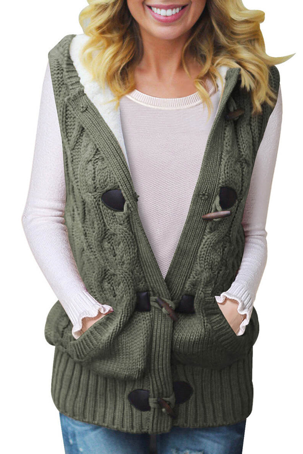 A cozy multicolour cable knit hooded sweater vest with an open front and button-down design, featuring side pockets.