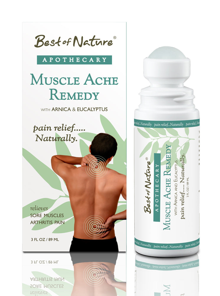 Muscle Ache Remedy Roll On bottle with a roller ball applicator, featuring natural ingredients for pain relief.