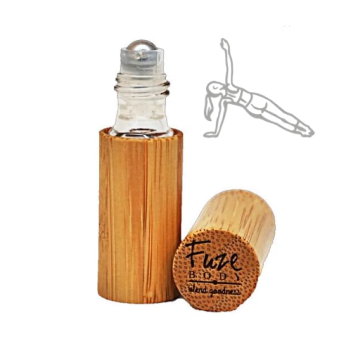 Wood Roll-On bottle filled with pure essential oils for muscle recovery, featuring a sleek design and easy-to-use applicator.