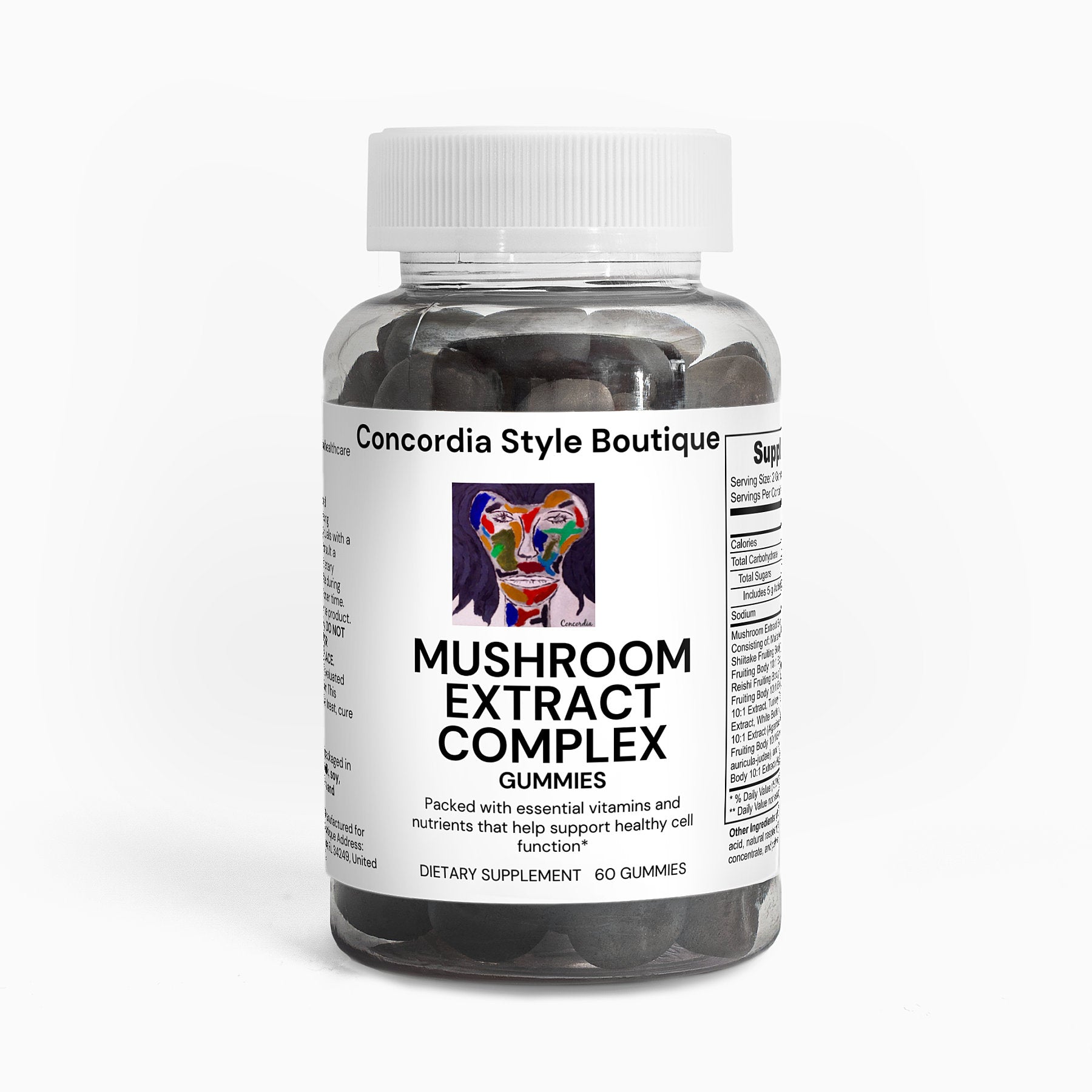 A bottle of Mushroom Extract Complex gummies featuring various mushrooms, highlighting their health benefits.