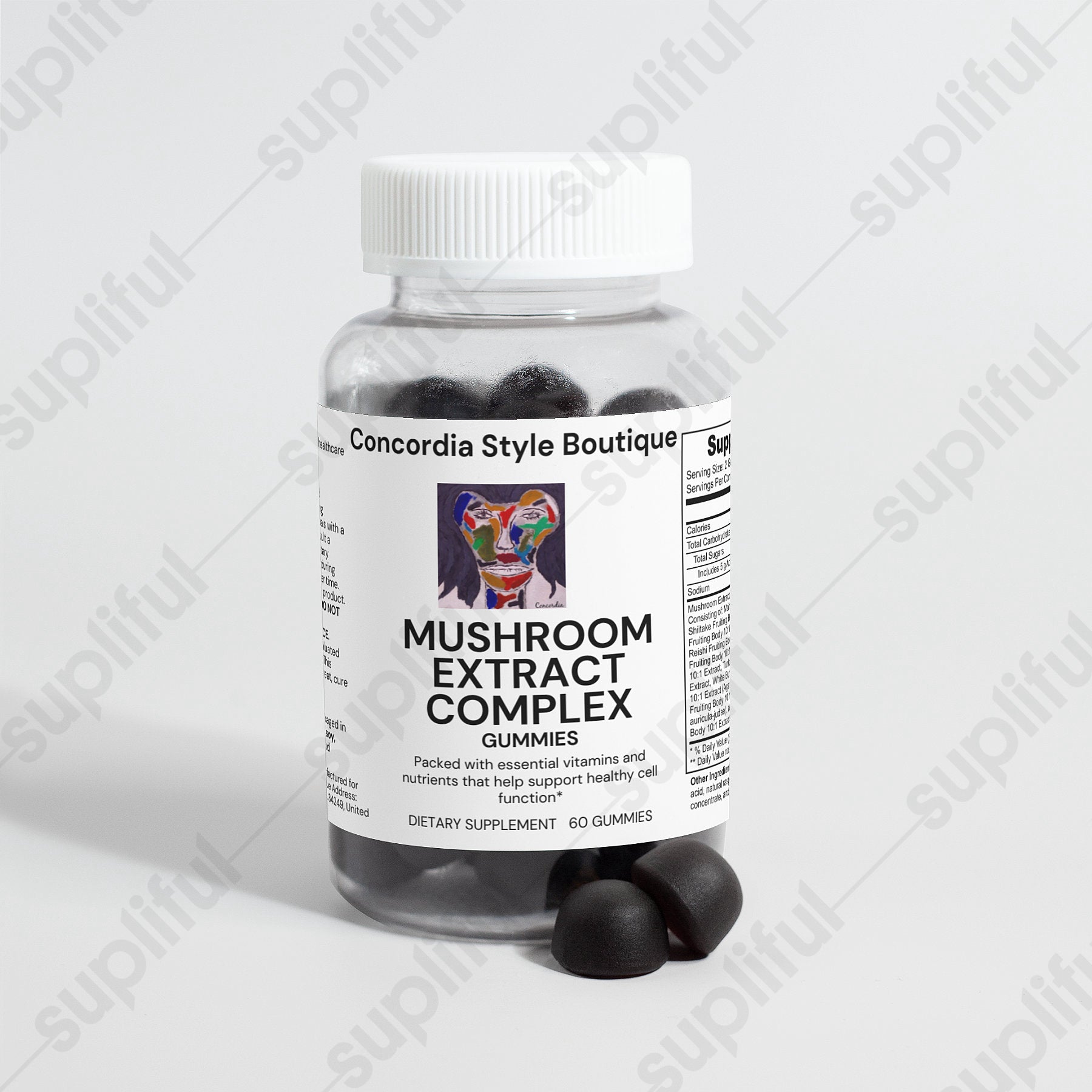 A bottle of Mushroom Extract Complex gummies featuring various mushrooms, highlighting their health benefits.