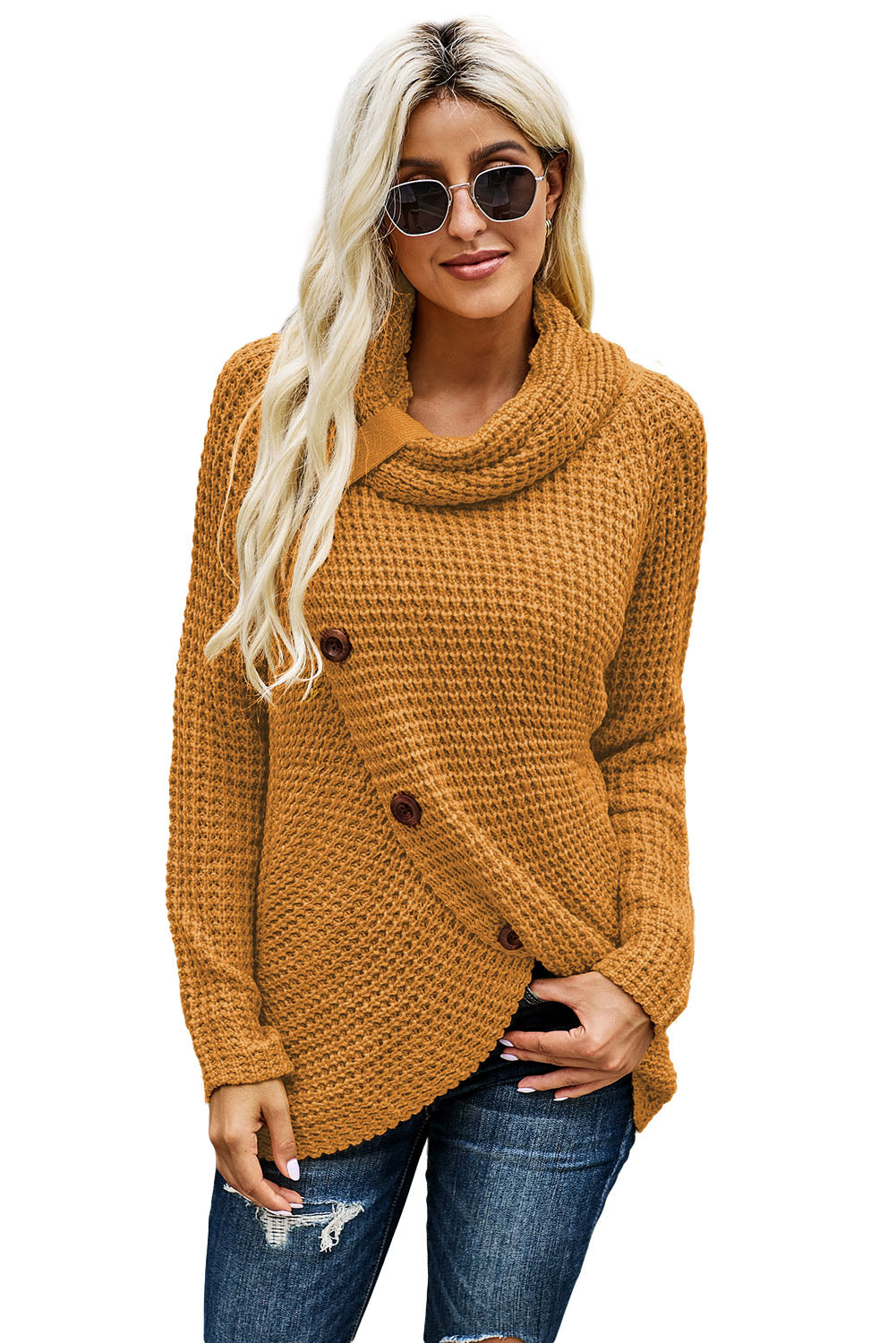 Mustard Buttoned Wrap Turtleneck Sweater featuring decorative buttons and asymmetric design, perfect for stylish layering.