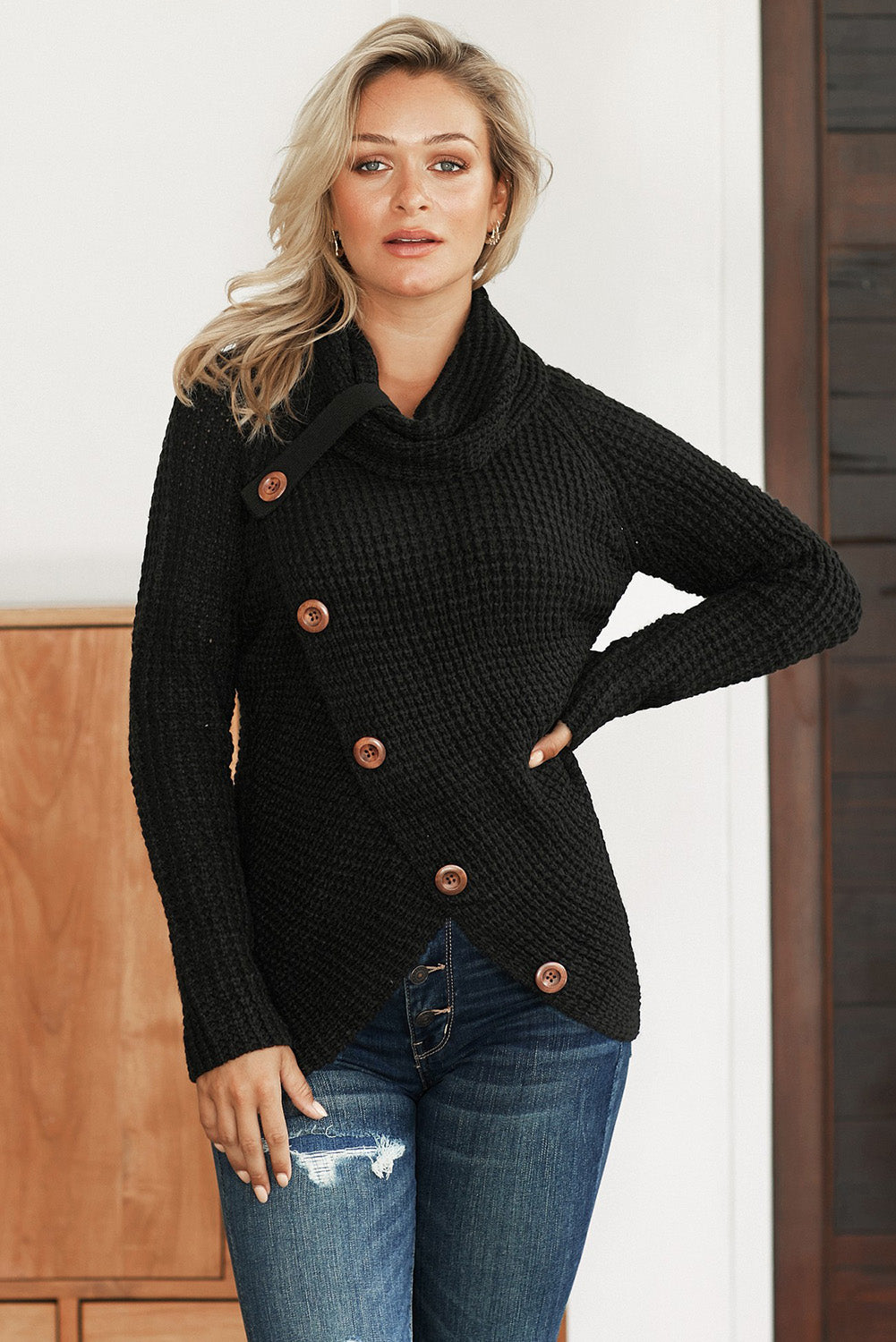 Mustard Buttoned Wrap Turtleneck Sweater featuring decorative buttons and asymmetric design, perfect for stylish layering.