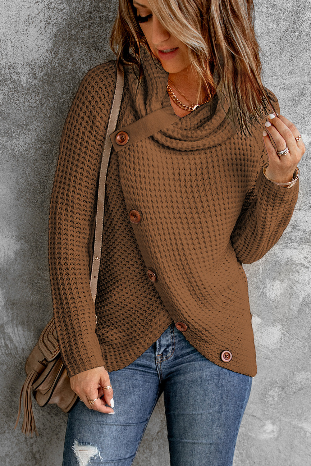 Mustard Buttoned Wrap Turtleneck Sweater featuring decorative buttons and asymmetric design, perfect for stylish layering.