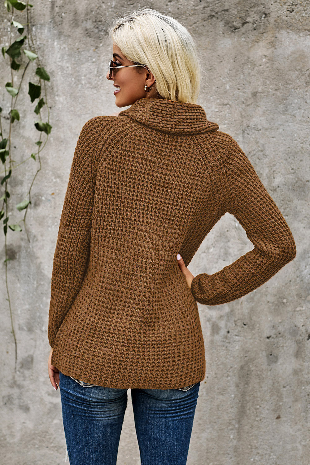 Mustard Buttoned Wrap Turtleneck Sweater featuring decorative buttons and asymmetric design, perfect for stylish layering.