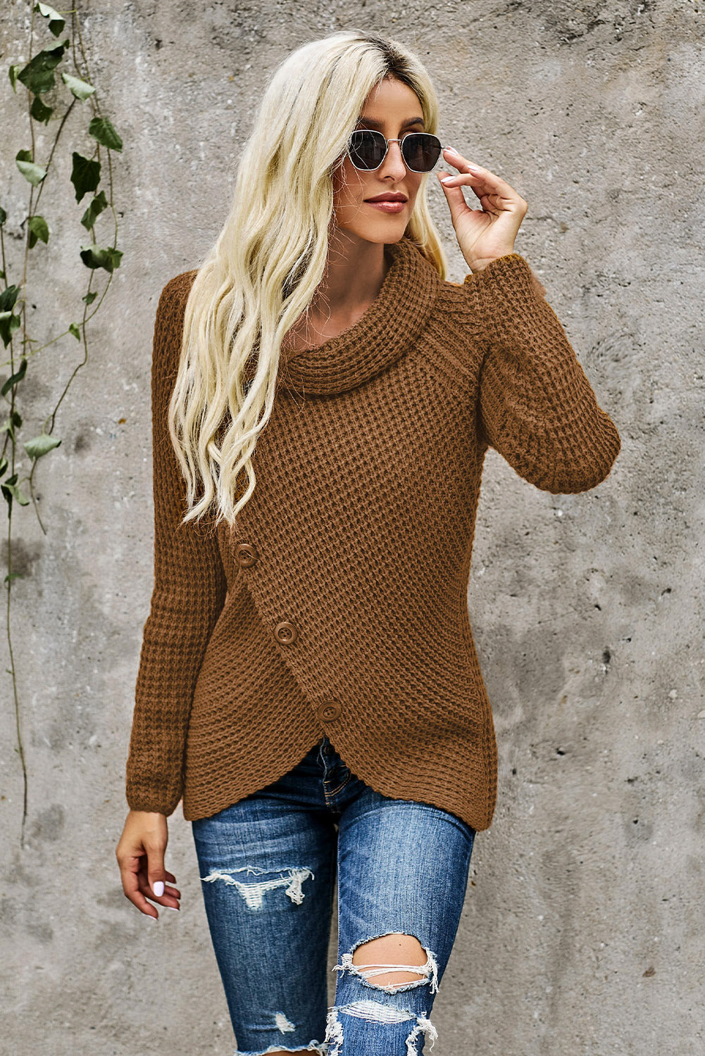 Mustard Buttoned Wrap Turtleneck Sweater featuring decorative buttons and asymmetric design, perfect for stylish layering.