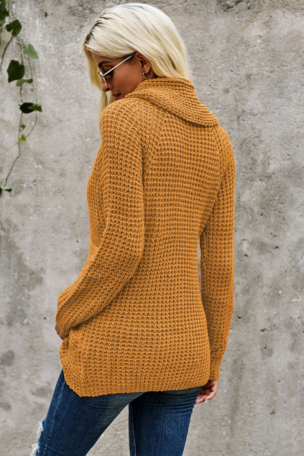 Mustard Buttoned Wrap Turtleneck Sweater featuring decorative buttons and asymmetric design, perfect for stylish layering.