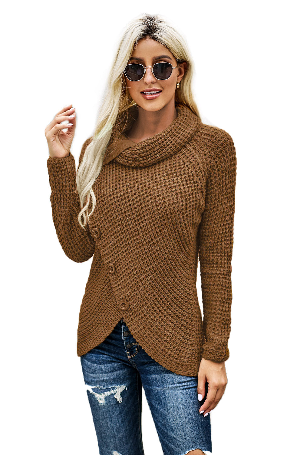 Mustard Buttoned Wrap Turtleneck Sweater featuring decorative buttons and asymmetric design, perfect for stylish layering.