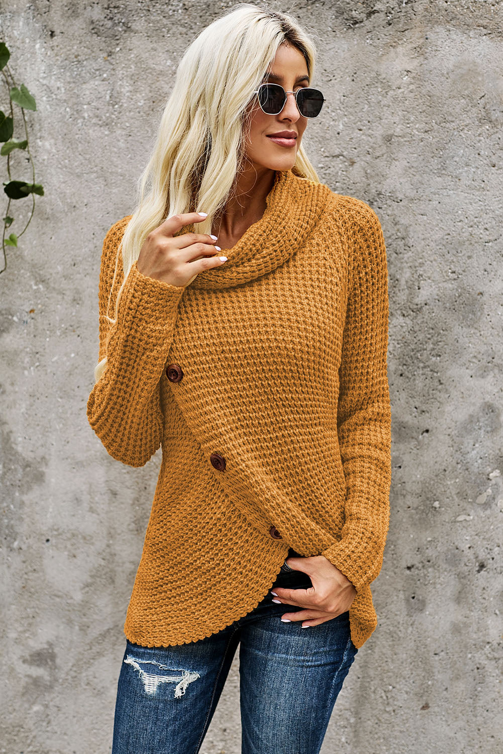 Mustard Buttoned Wrap Turtleneck Sweater featuring decorative buttons and asymmetric design, perfect for stylish layering.