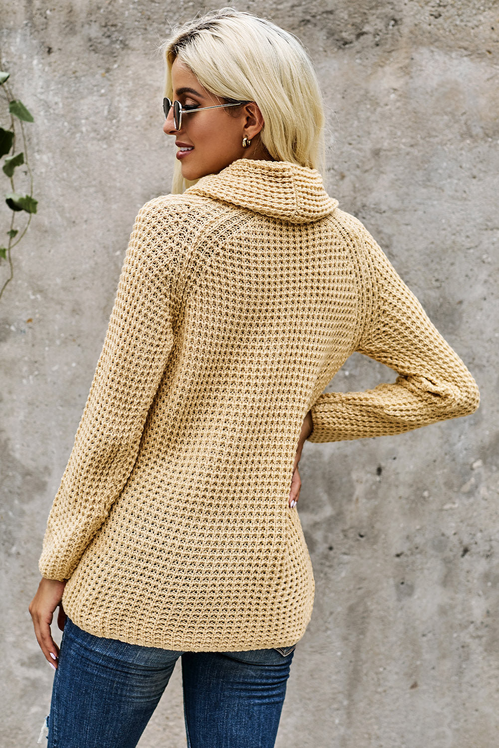 Mustard Buttoned Wrap Turtleneck Sweater featuring decorative buttons and asymmetric design, perfect for stylish layering.