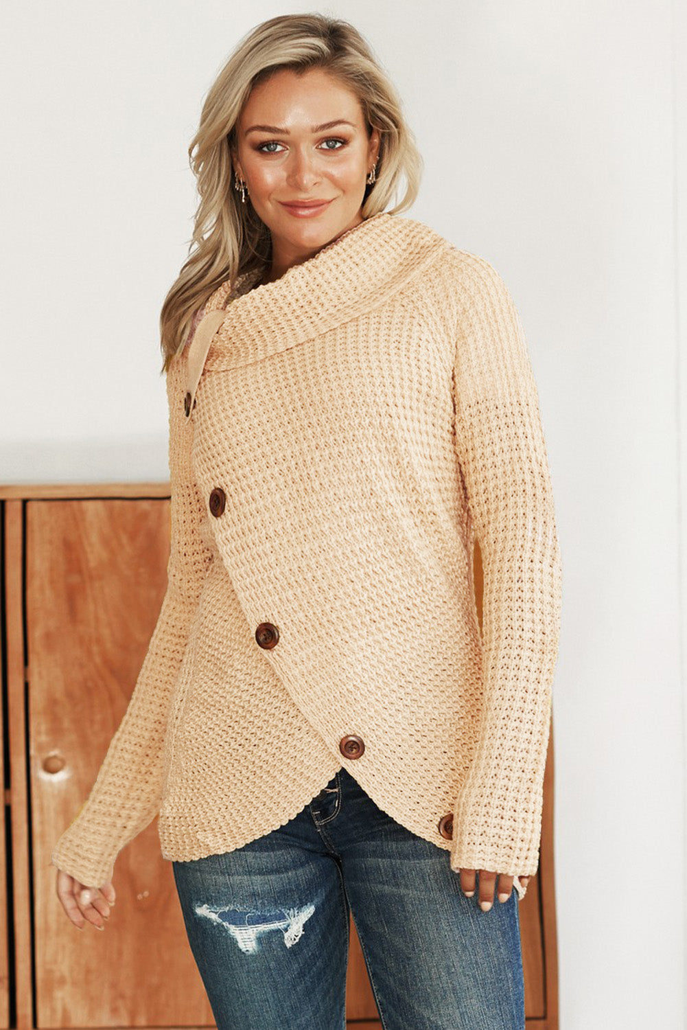 Mustard Buttoned Wrap Turtleneck Sweater featuring decorative buttons and asymmetric design, perfect for stylish layering.