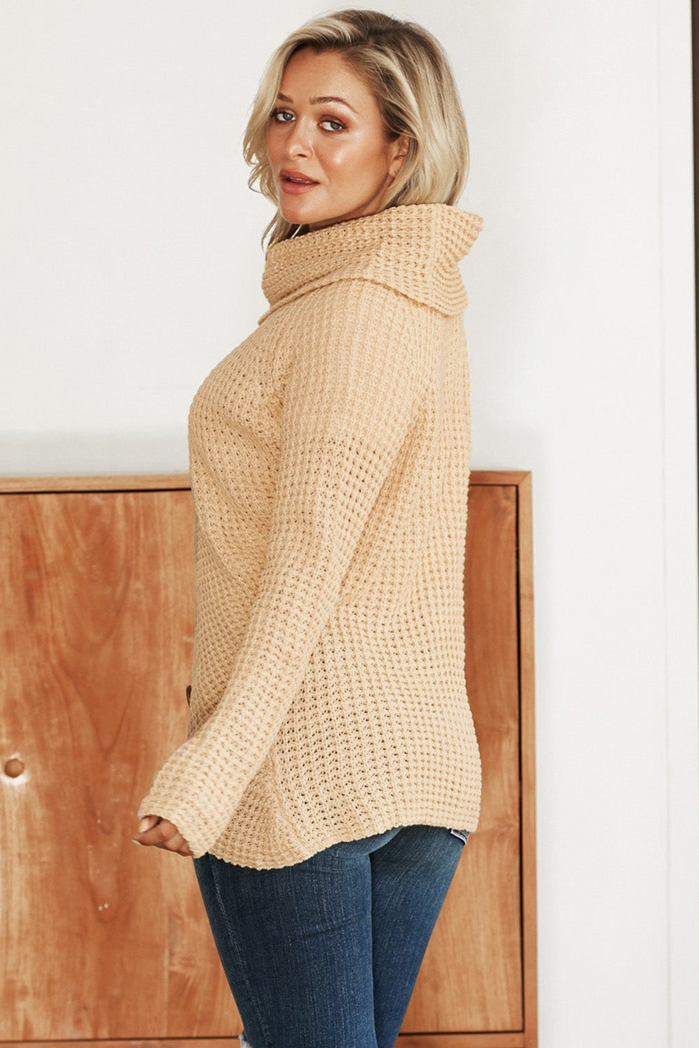 Mustard Buttoned Wrap Turtleneck Sweater featuring decorative buttons and asymmetric design, perfect for stylish layering.