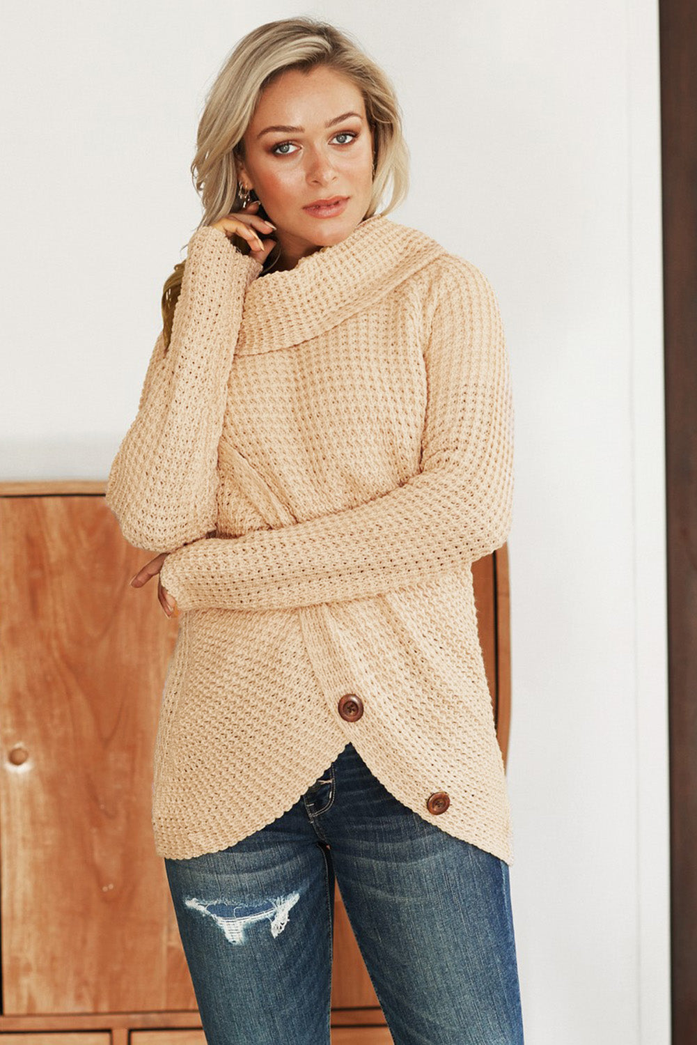 Mustard Buttoned Wrap Turtleneck Sweater featuring decorative buttons and asymmetric design, perfect for stylish layering.