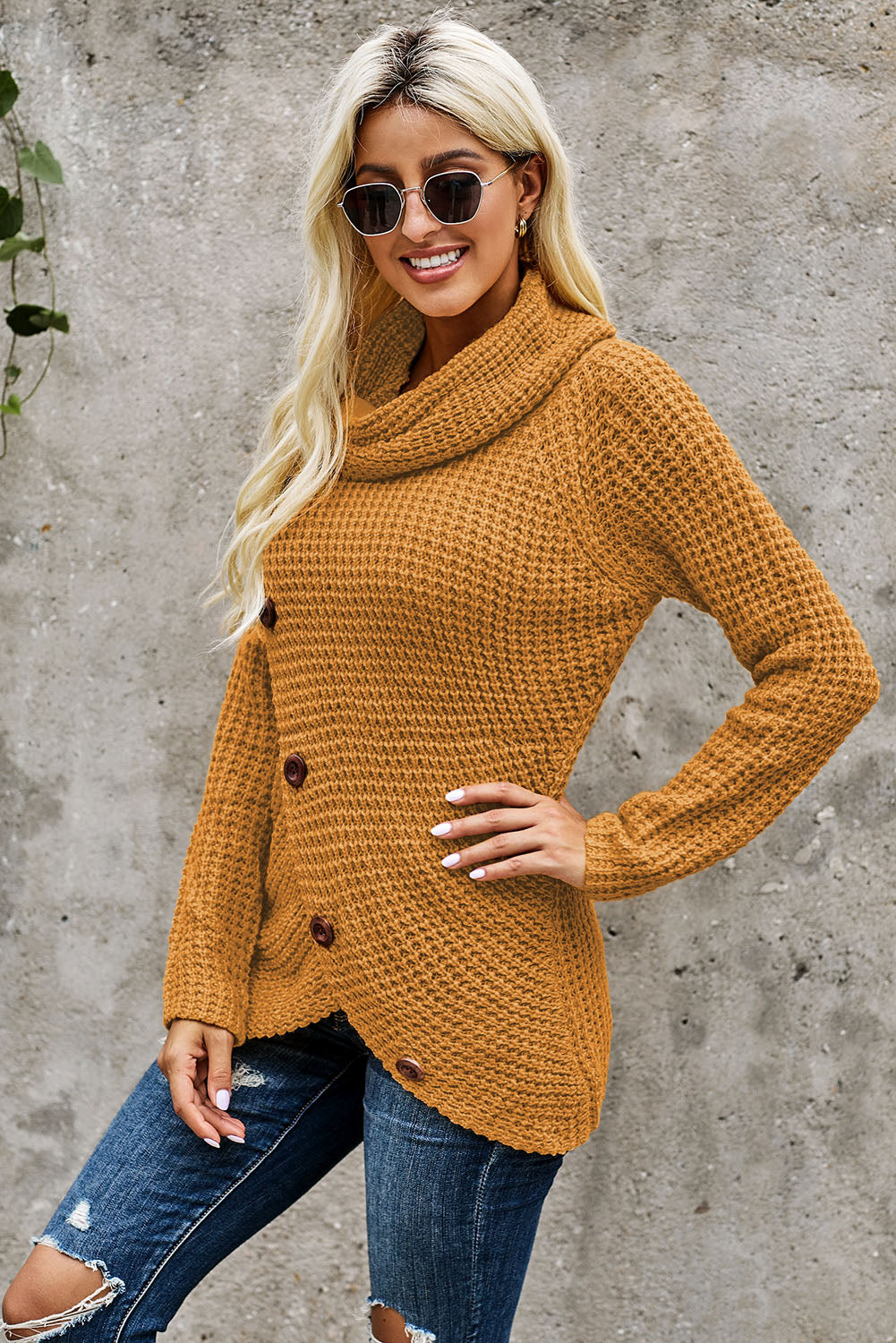 Mustard Buttoned Wrap Turtleneck Sweater featuring decorative buttons and asymmetric design, perfect for stylish layering.