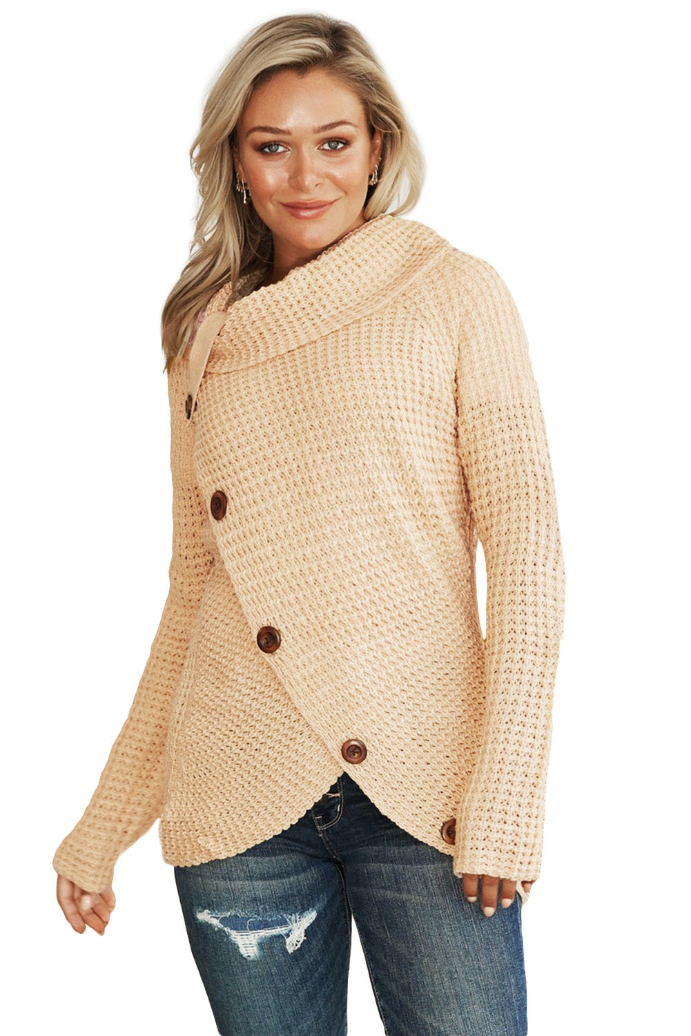 Mustard Buttoned Wrap Turtleneck Sweater featuring decorative buttons and asymmetric design, perfect for stylish layering.