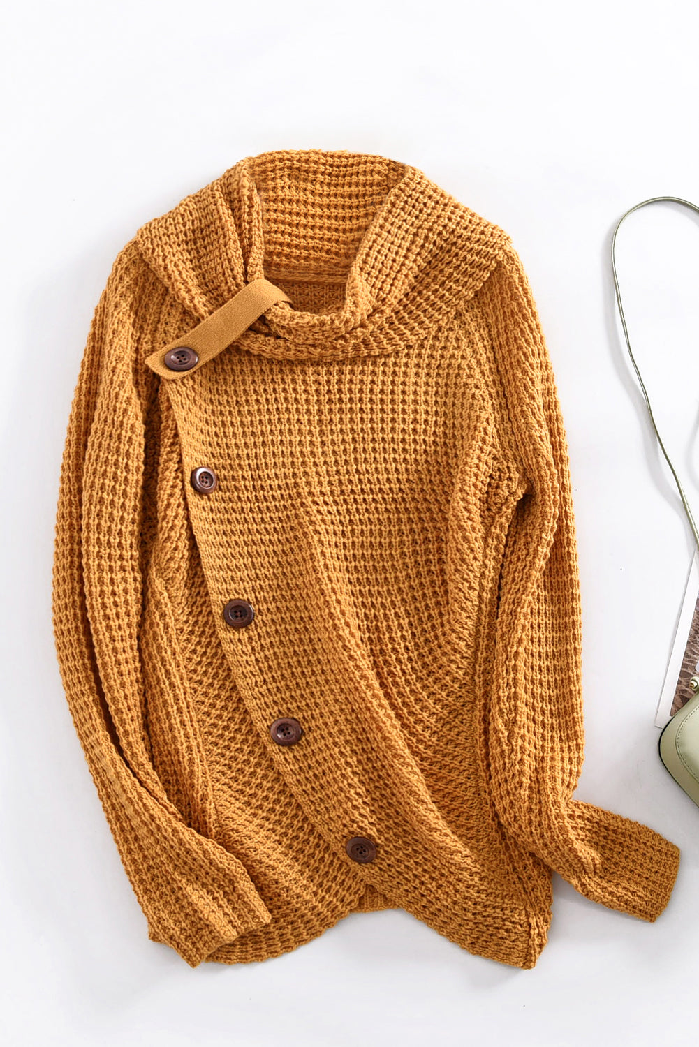 Mustard Buttoned Wrap Turtleneck Sweater featuring decorative buttons and asymmetric design, perfect for stylish layering.