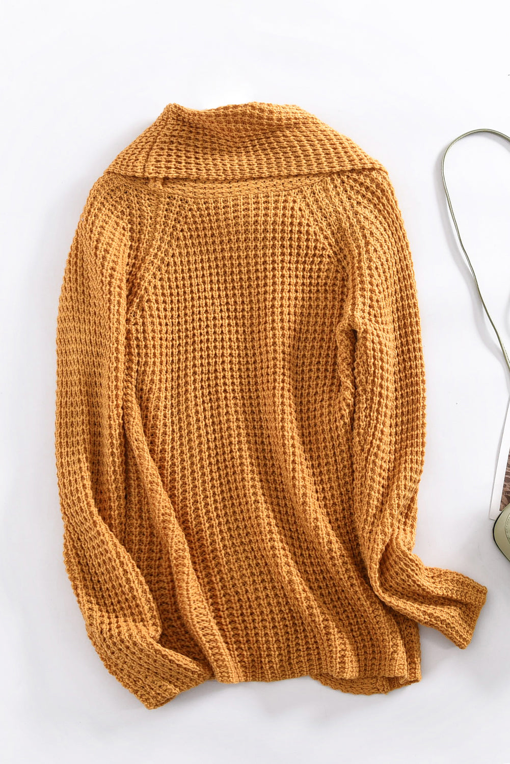 Mustard Buttoned Wrap Turtleneck Sweater featuring decorative buttons and asymmetric design, perfect for stylish layering.