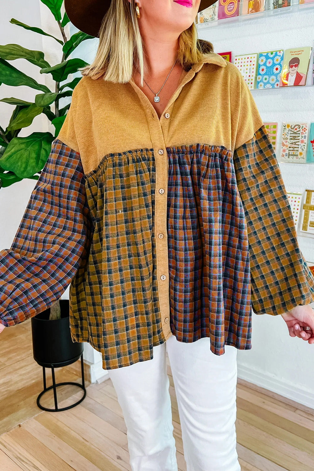 Mustard Contrast Plaid Print Puff Sleeve Shirt featuring a stylish plaid pattern and puffed sleeves, perfect for casual wear.