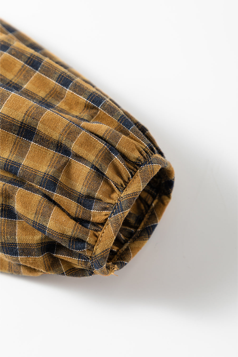 Mustard Contrast Plaid Print Puff Sleeve Shirt featuring a stylish plaid pattern and puffed sleeves, perfect for casual wear.