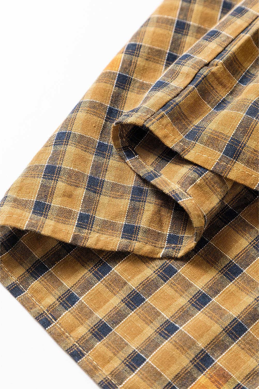 Mustard Contrast Plaid Print Puff Sleeve Shirt featuring a stylish plaid pattern and puffed sleeves, perfect for casual wear.