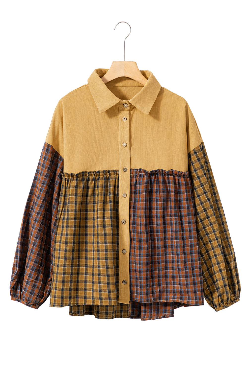 Mustard Contrast Plaid Print Puff Sleeve Shirt featuring a stylish plaid pattern and puffed sleeves, perfect for casual wear.