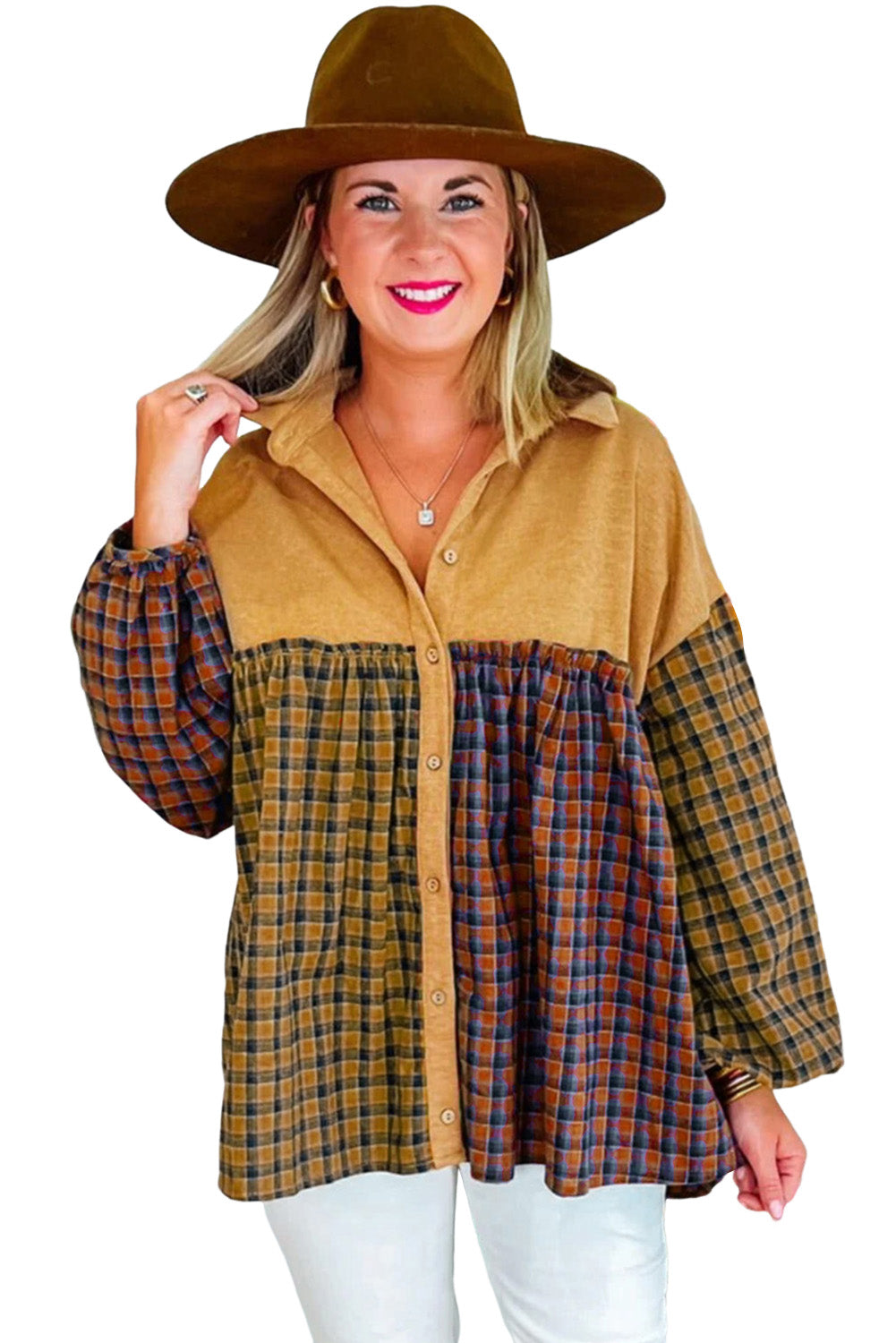 Mustard Contrast Plaid Print Puff Sleeve Shirt featuring a stylish plaid pattern and puffed sleeves, perfect for casual wear.