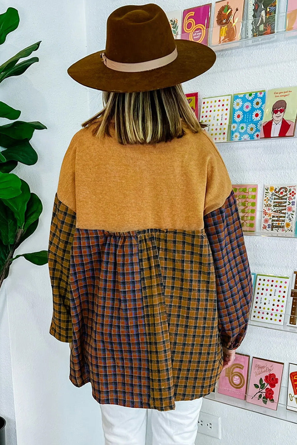 Mustard Contrast Plaid Print Puff Sleeve Shirt featuring a stylish plaid pattern and puffed sleeves, perfect for casual wear.