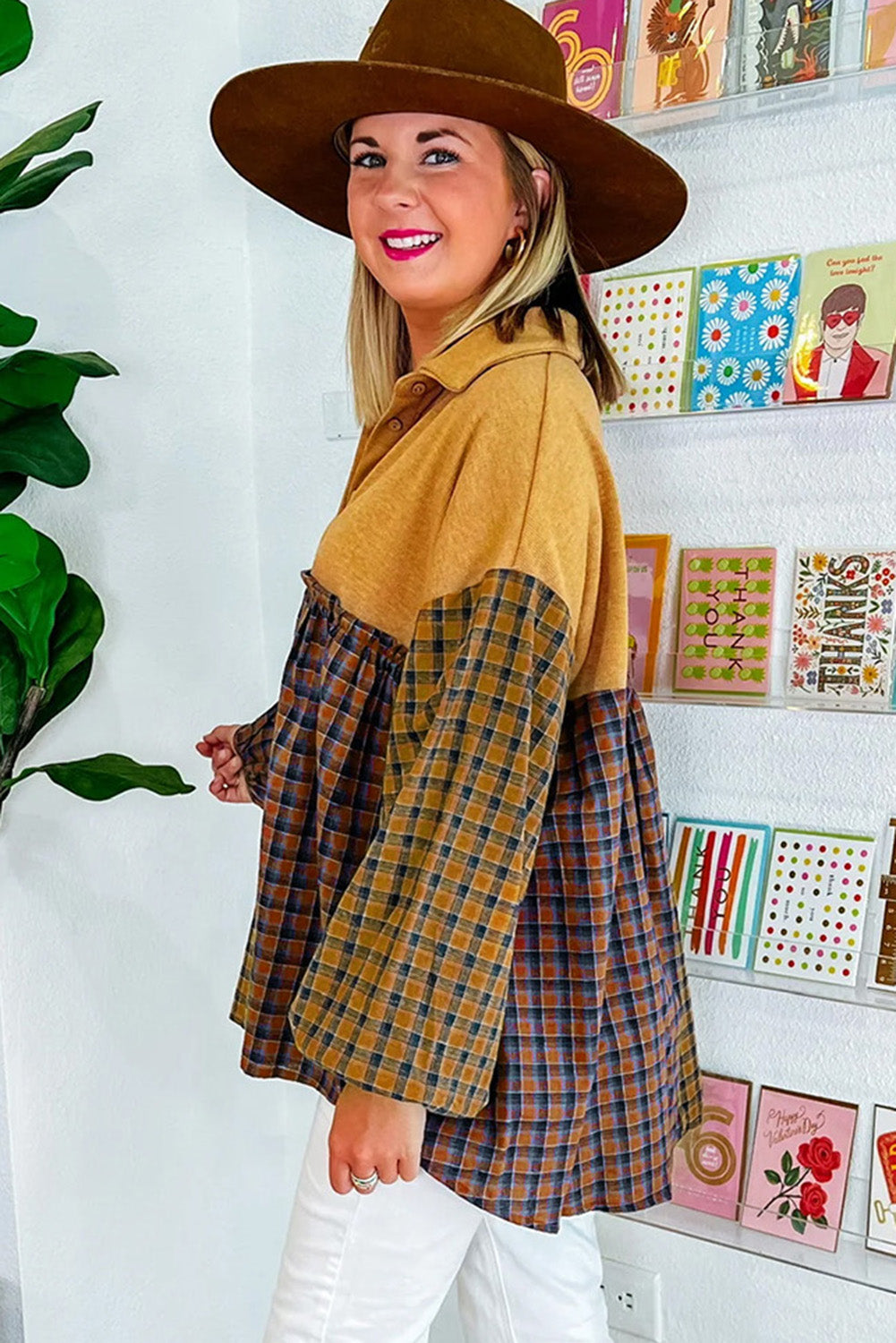 Mustard Contrast Plaid Print Puff Sleeve Shirt featuring a stylish plaid pattern and puffed sleeves, perfect for casual wear.