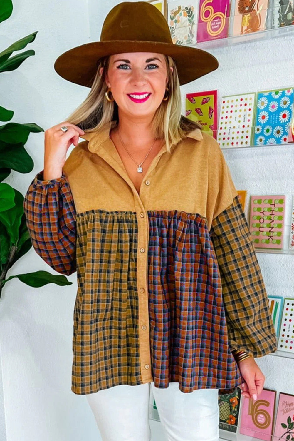 Mustard Contrast Plaid Print Puff Sleeve Shirt featuring a stylish plaid pattern and puffed sleeves, perfect for casual wear.