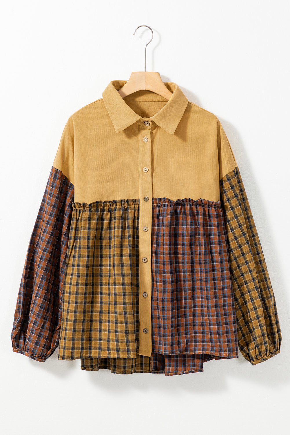 Mustard Contrast Plaid Print Puff Sleeve Shirt featuring a stylish plaid pattern and puffed sleeves, perfect for casual wear.