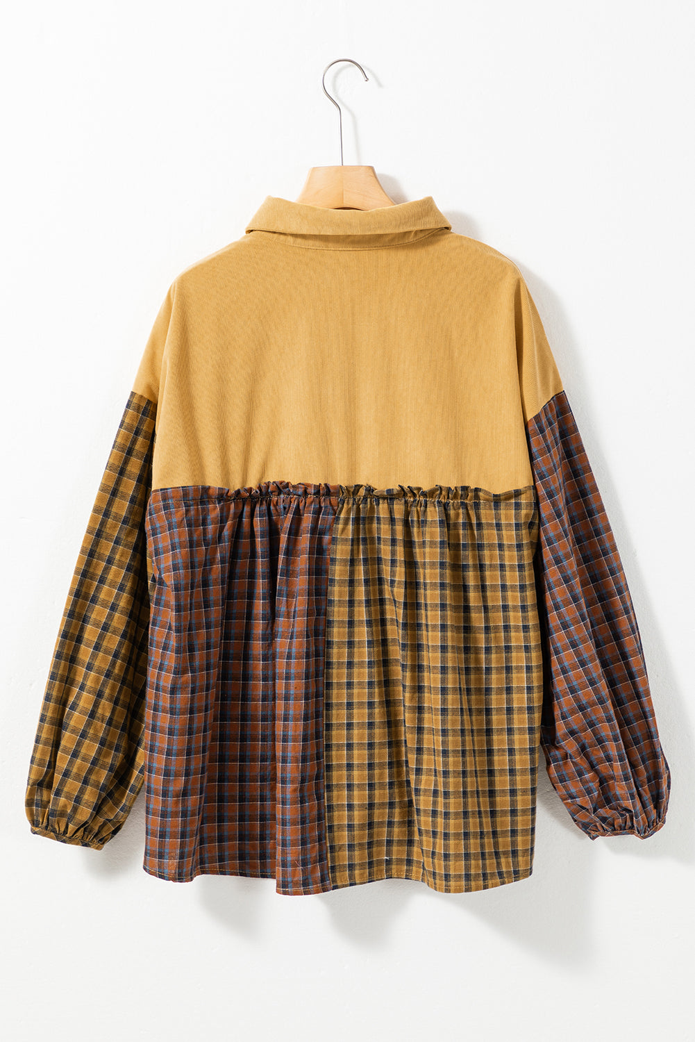 Mustard Contrast Plaid Print Puff Sleeve Shirt featuring a stylish plaid pattern and puffed sleeves, perfect for casual wear.