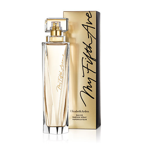 My 5th Avenue Eau de Parfum by Elizabeth Arden in an elegant bottle, showcasing a floral woody musk fragrance for women.