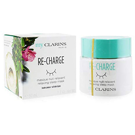 Clarins My Re-Charge Relaxing Sleep Mask in a sleek jar, showcasing its luxurious texture and soothing color.