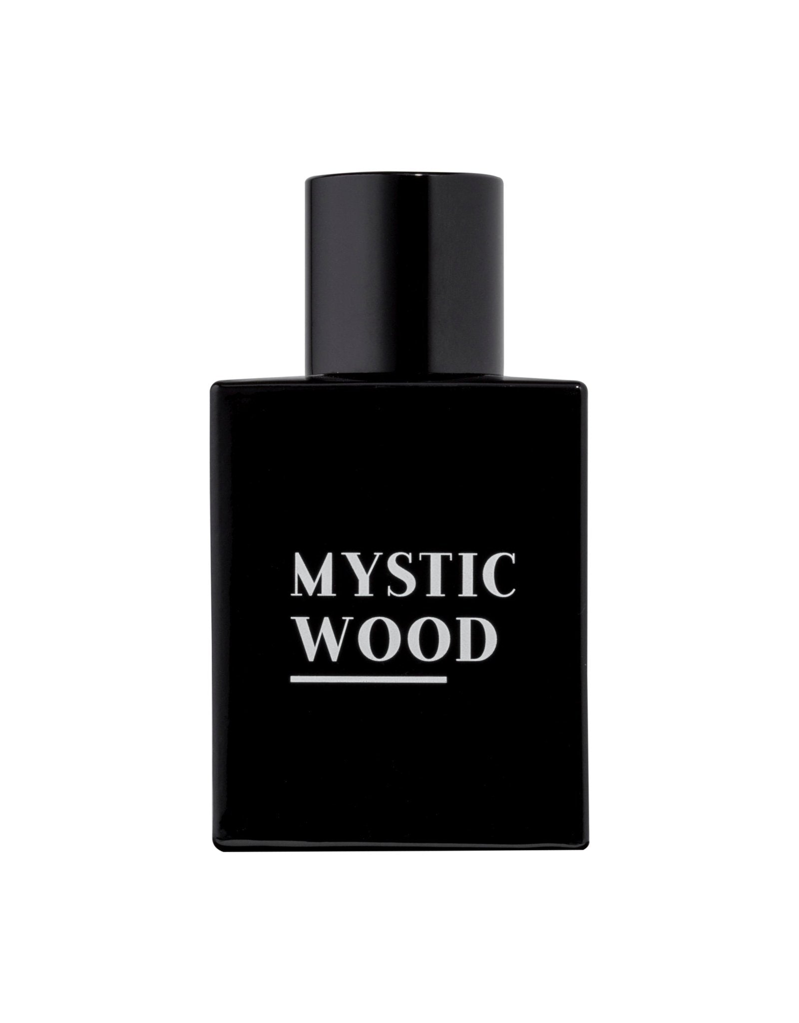 Mystic Wood Eau de Parfum bottle showcasing its elegant design and rich color.