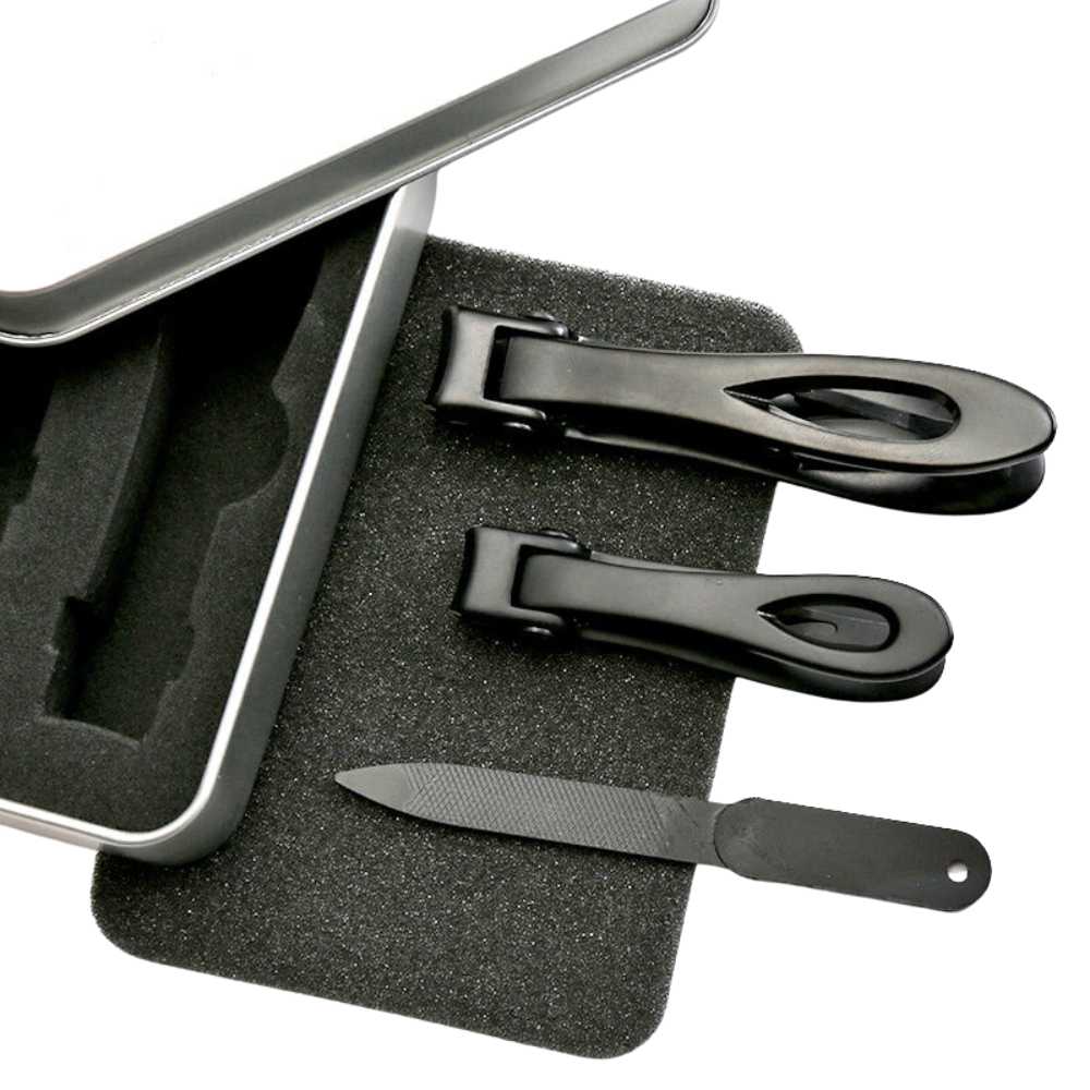 A premium Nail Clipper Set featuring two clippers for fingers and toes, a nail file, and a sleek metal case in black and silver colors.