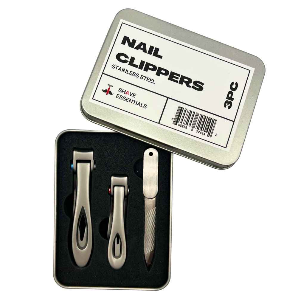 A premium Nail Clipper Set featuring two clippers for fingers and toes, a nail file, and a sleek metal case in black and silver colors.