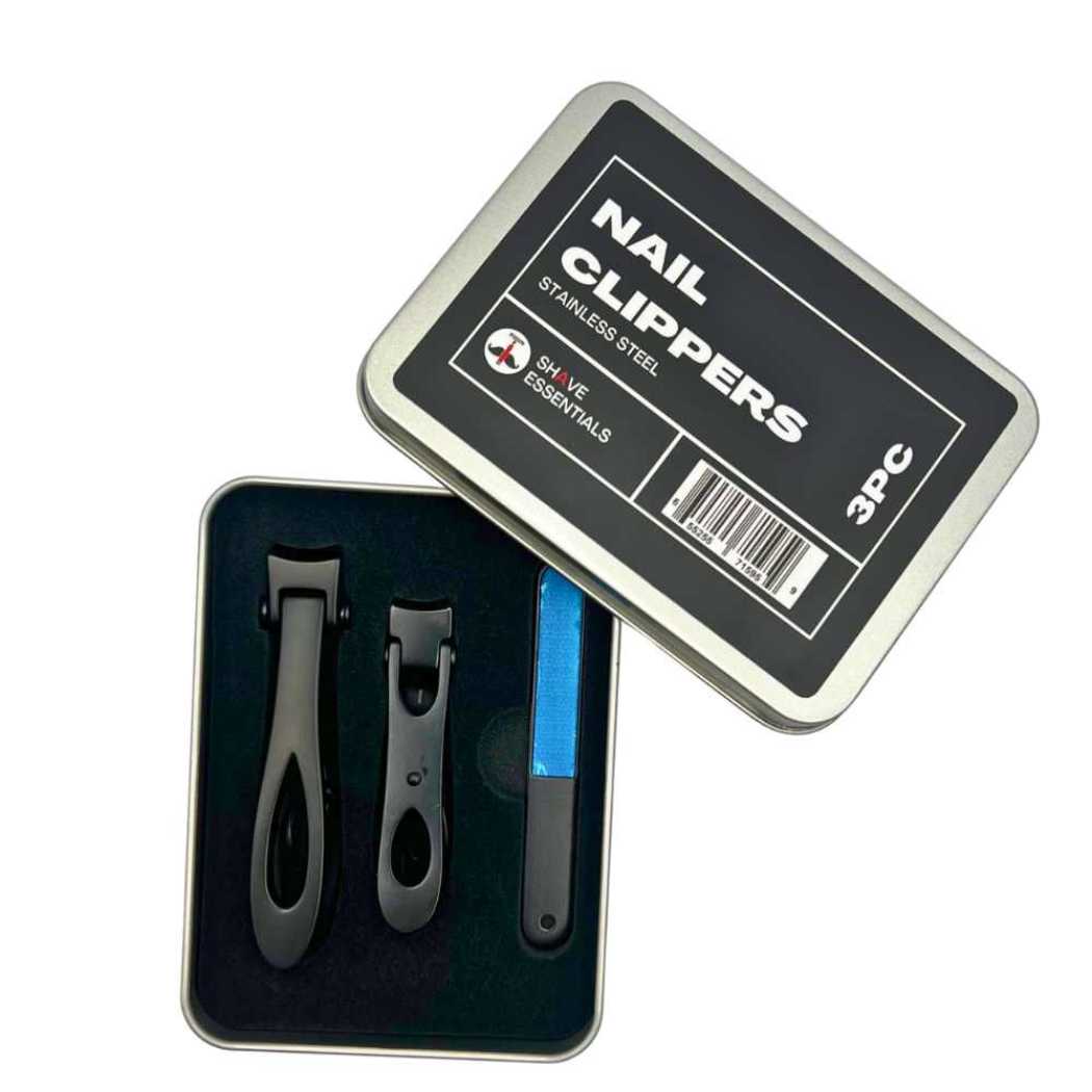 A premium Nail Clipper Set featuring two clippers for fingers and toes, a nail file, and a sleek metal case in black and silver colors.