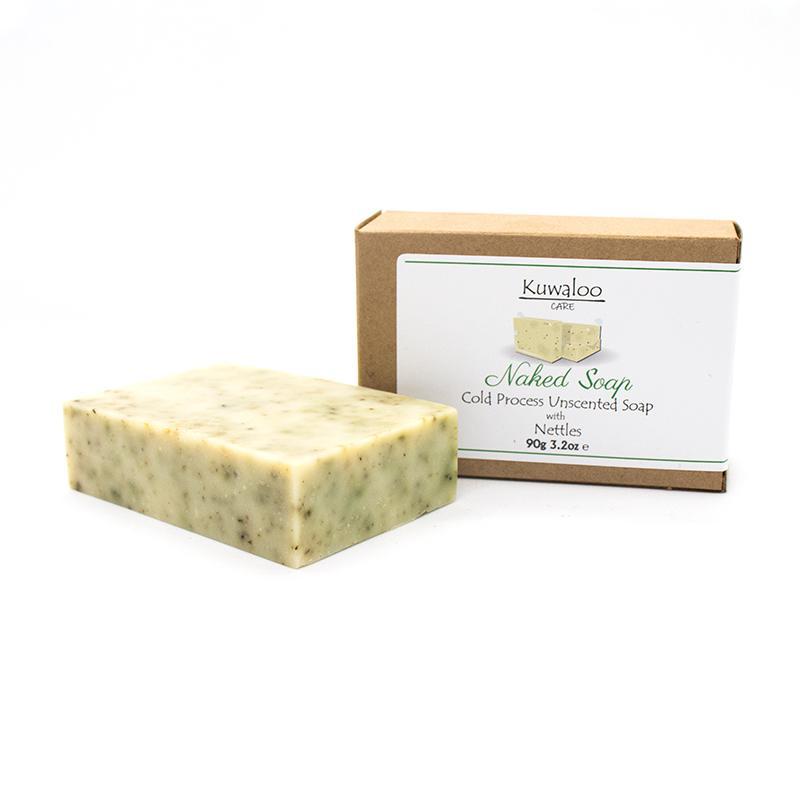 Naked Soap Organic Soap 90g with nettles, showcasing its natural ingredients and green flecks.