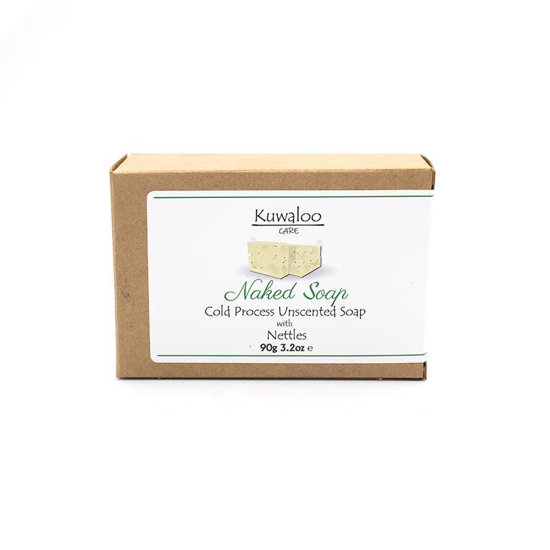 Naked Soap Organic Soap 90g with nettles, showcasing its natural ingredients and green flecks.