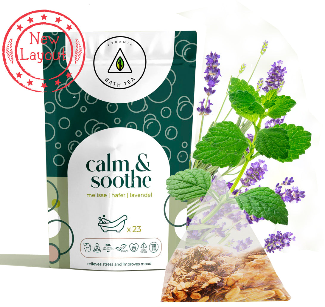 Natürliche ENTSPANNENDE Wellness Calm & Soothe-Bio-Badewannenbeutel in umweltfreundlicher Verpackung, gefüllt mit Bio-Hafer, Zitronenmelisse und Lavendel.