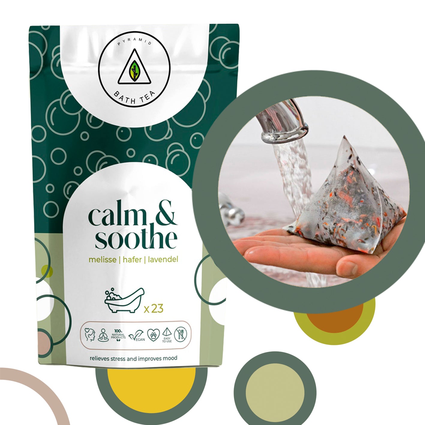 Natürliche ENTSPANNENDE Wellness Calm & Soothe-Bio-Badewannenbeutel in umweltfreundlicher Verpackung, gefüllt mit Bio-Hafer, Zitronenmelisse und Lavendel.