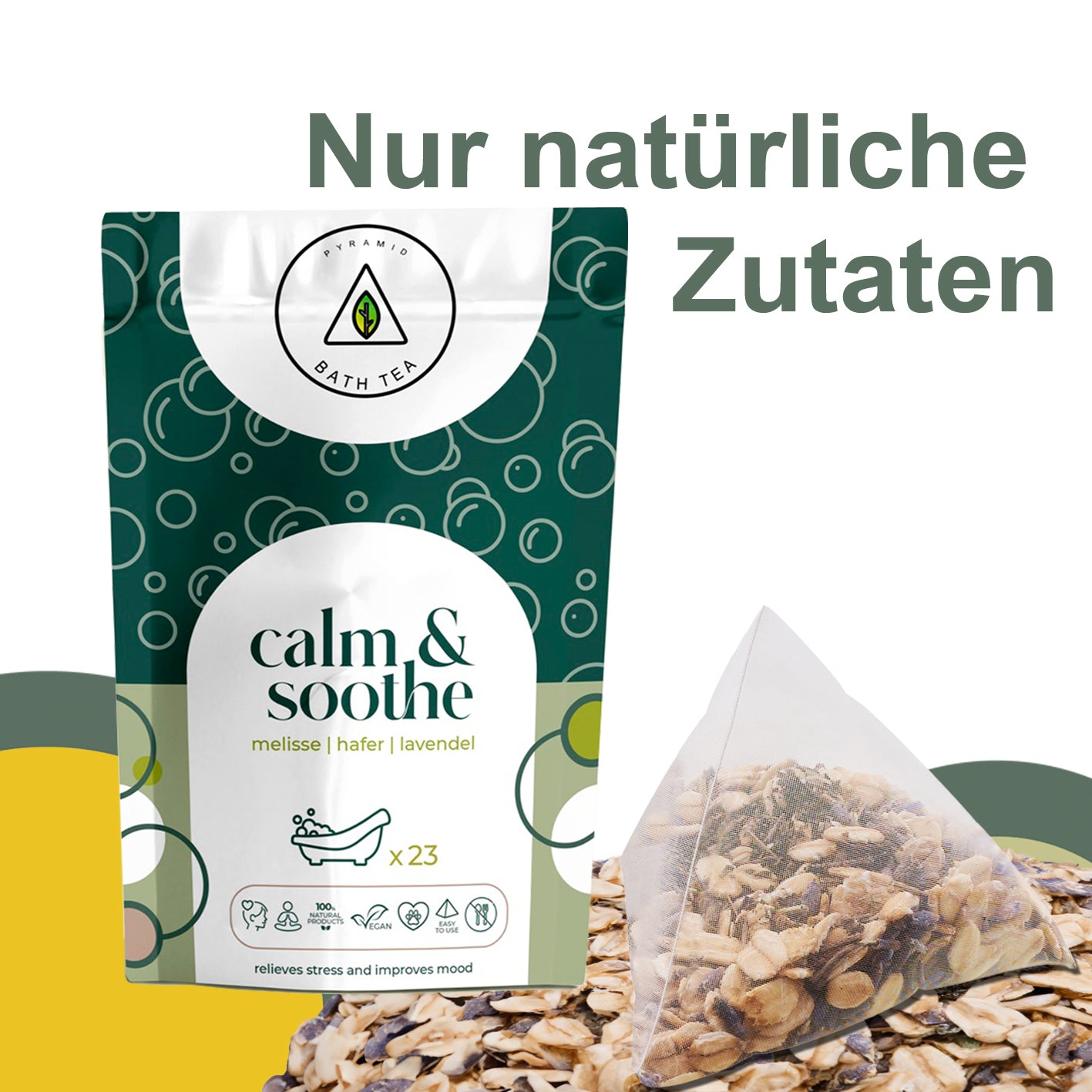 Natürliche ENTSPANNENDE Wellness Calm & Soothe-Bio-Badewannenbeutel in umweltfreundlicher Verpackung, gefüllt mit Bio-Hafer, Zitronenmelisse und Lavendel.