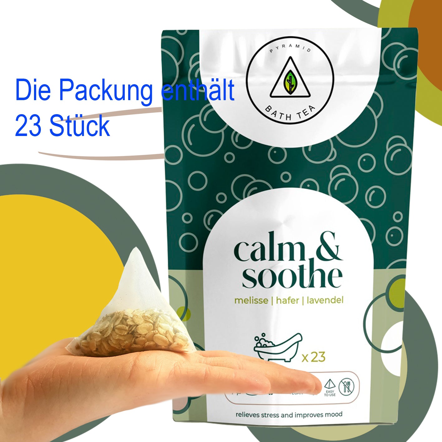 Natürliche ENTSPANNENDE Wellness Calm & Soothe-Bio-Badewannenbeutel in umweltfreundlicher Verpackung, gefüllt mit Bio-Hafer, Zitronenmelisse und Lavendel.