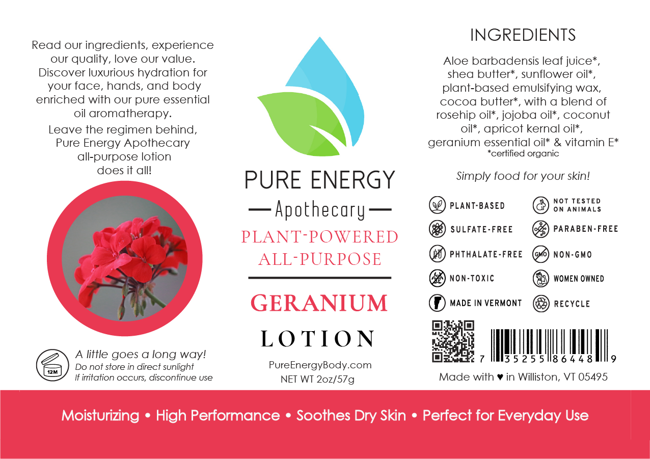 Natural All Purpose Lotion 2 oz with Geranium scent, showcasing its elegant packaging and natural ingredients.