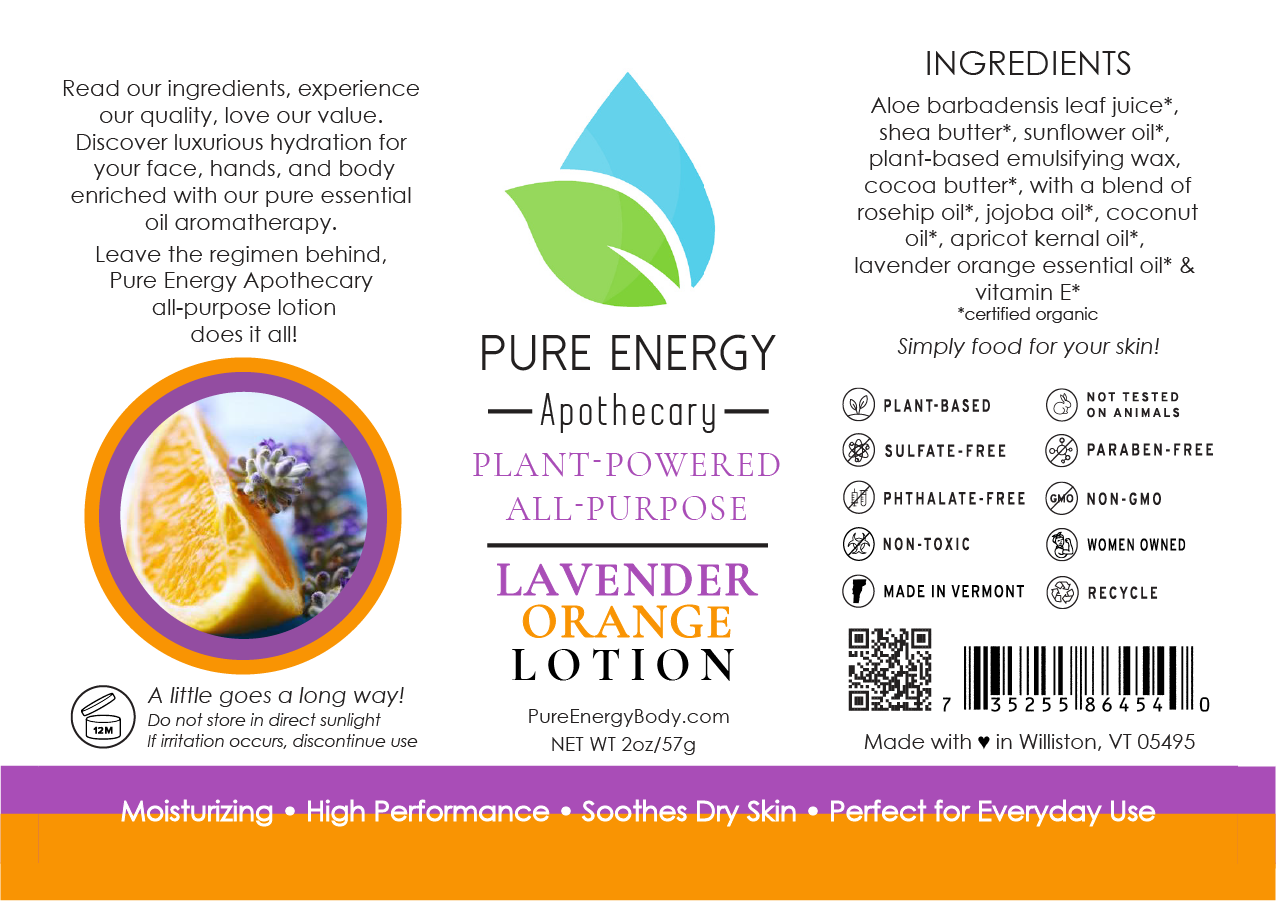 Natural All Purpose Lotion 2 oz in Lavender Orange scent, featuring a sleek bottle design with a calming lavender and orange label.