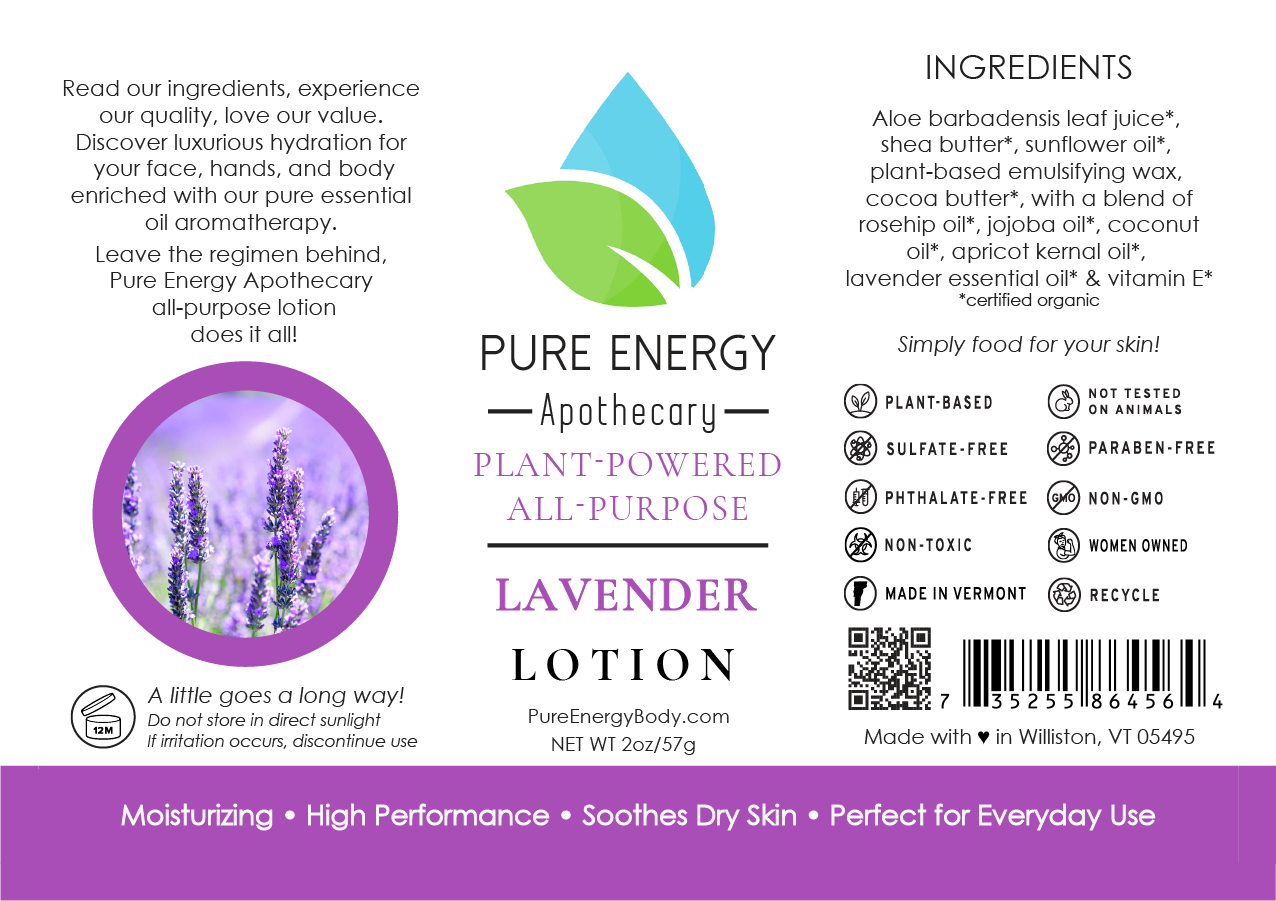 Natural All Purpose Lotion in Lavender, 2 oz bottle with a soothing lavender scent and plant-based ingredients.