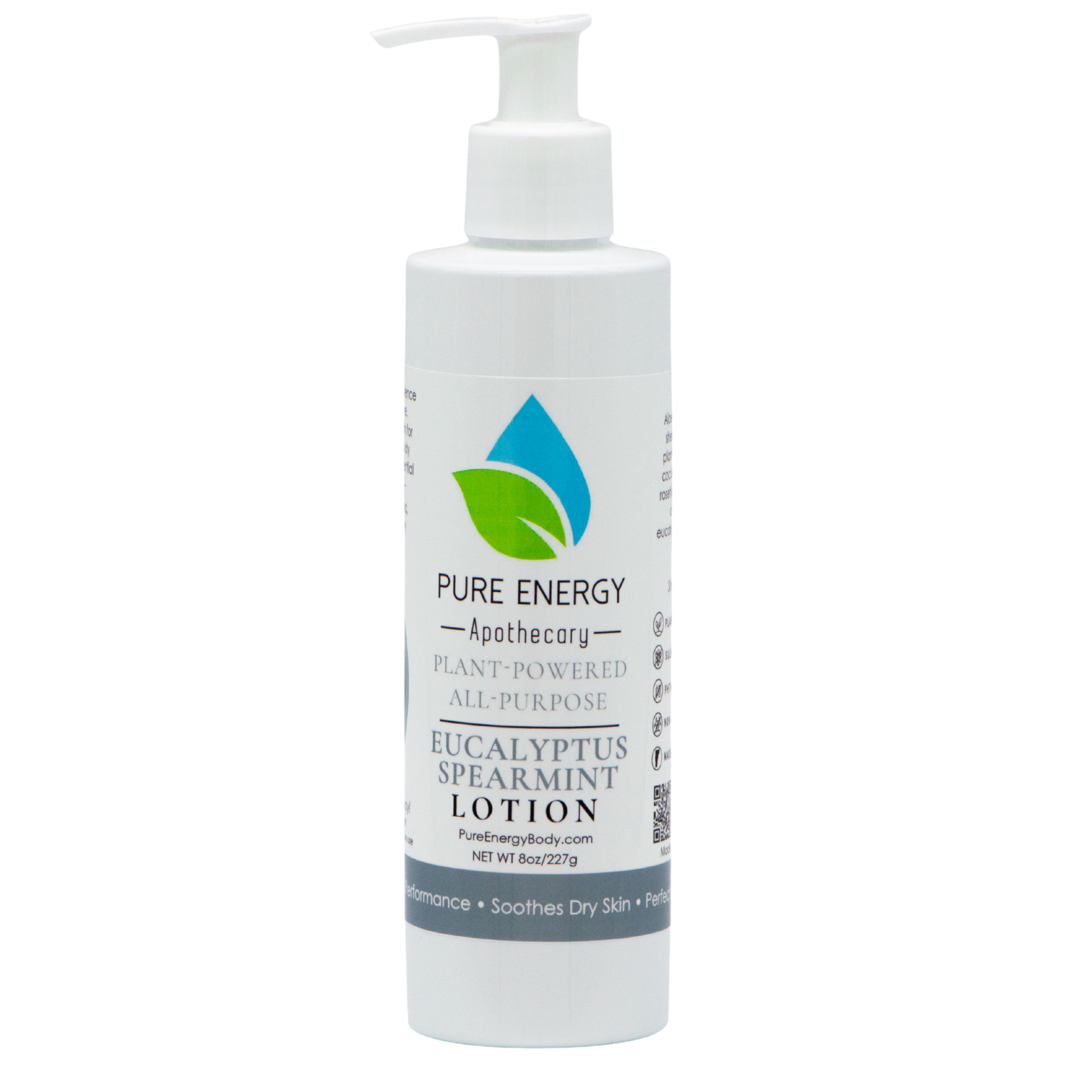 Natural All Purpose Lotion 8 Oz with Eucalyptus & Spearmint, showcasing its refreshing packaging and plant-based ingredients.