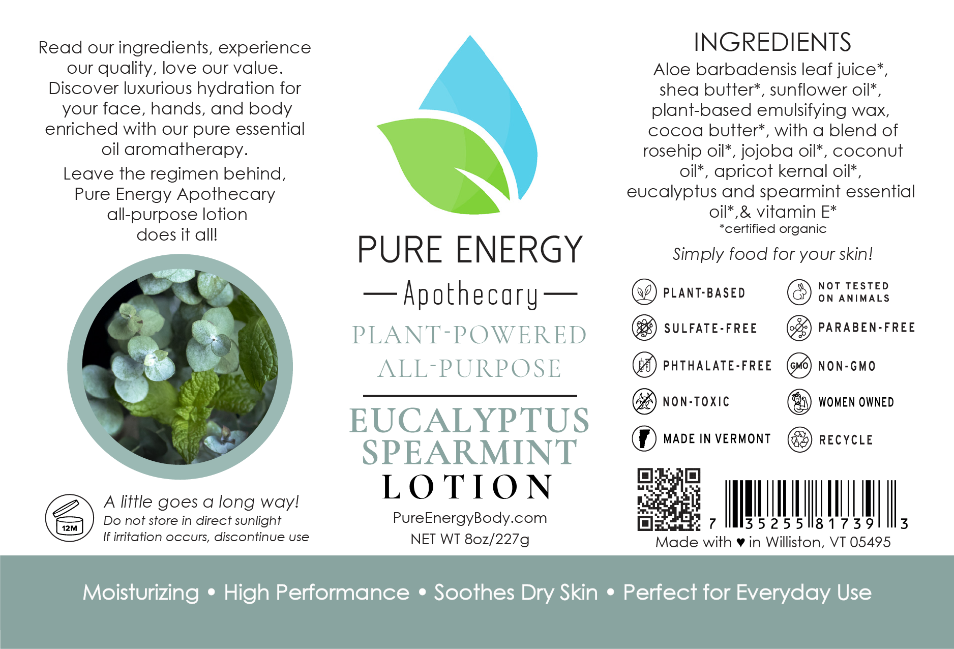 Natural All Purpose Lotion 8 Oz with Eucalyptus & Spearmint, showcasing its refreshing packaging and plant-based ingredients.