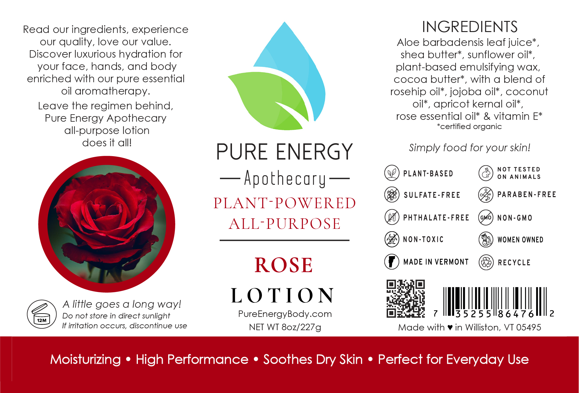 Natural All Purpose Lotion 8 Oz with rose essence, showcasing its elegant packaging and creamy texture.